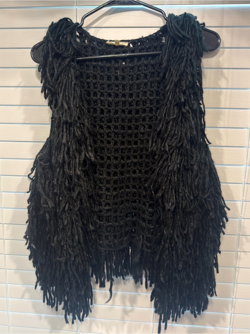 Mystree Black Fringe Open-Knit Women's Vest